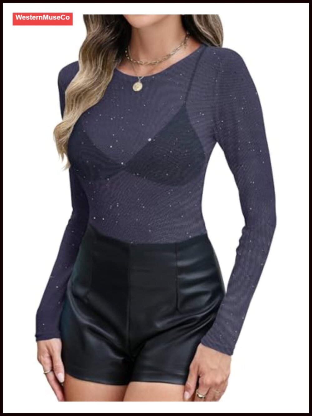 Women's Mesh Lace Long Sleeve Crew Neck Sheer See Through Blouse Top